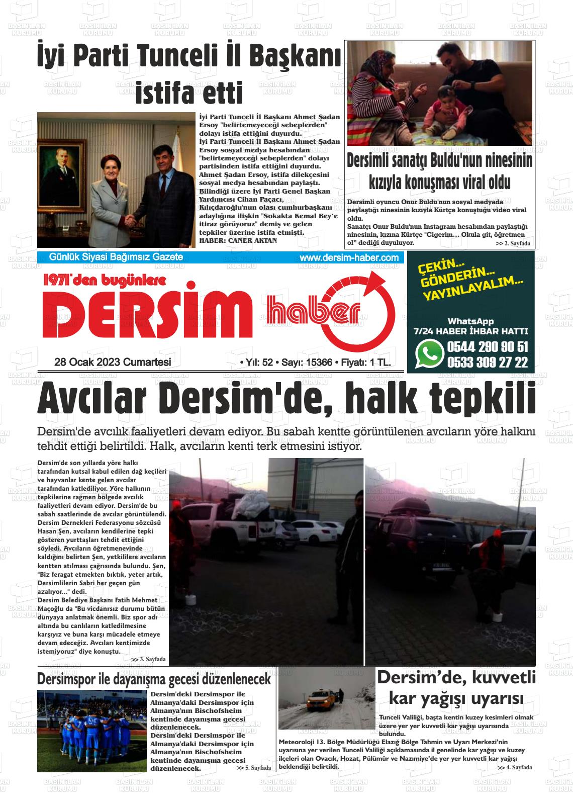 28 Ocak 2023 DERSİM HABER Gazete Manşeti