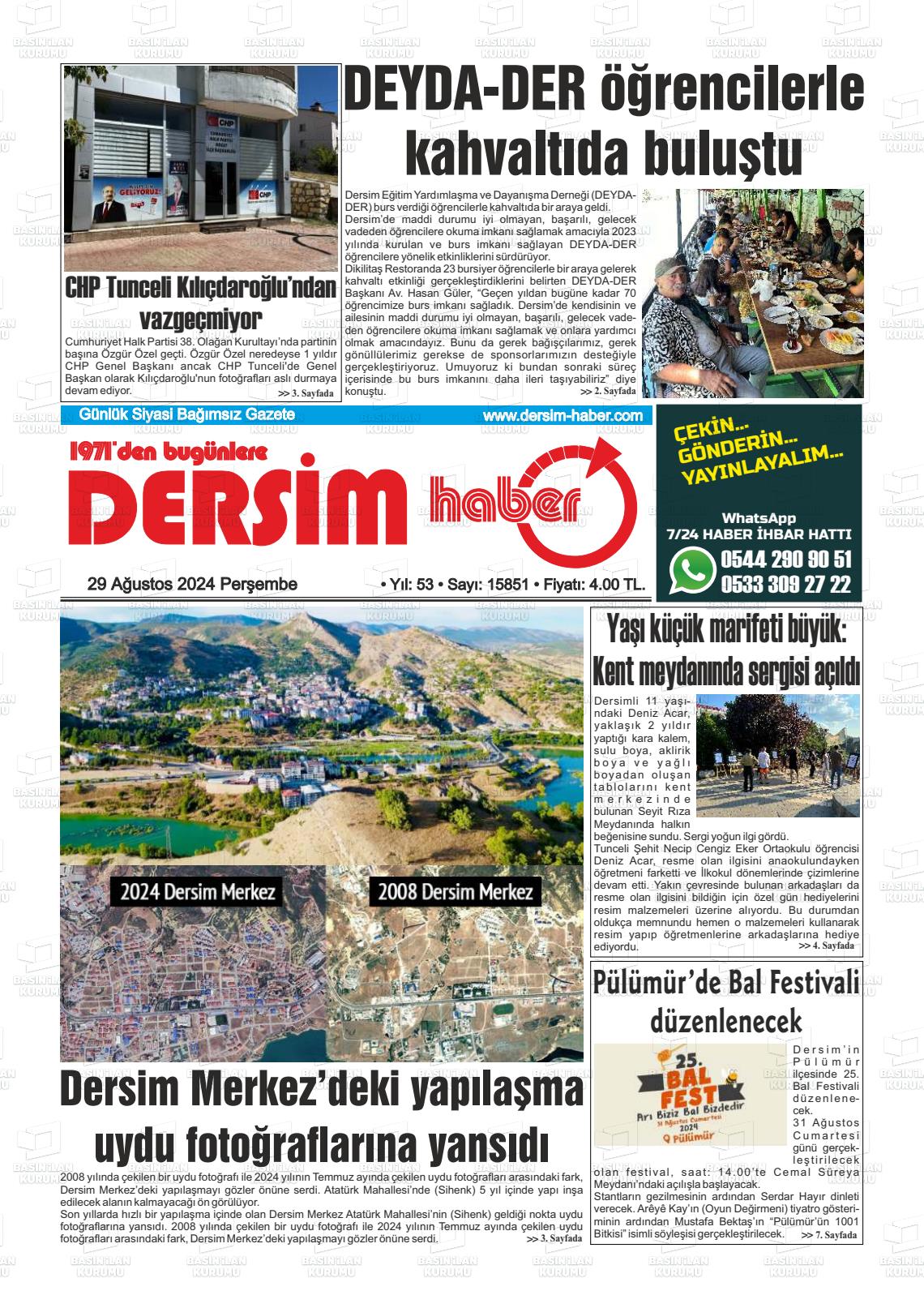 29 Ağustos 2024 DERSİM HABER Gazete Manşeti