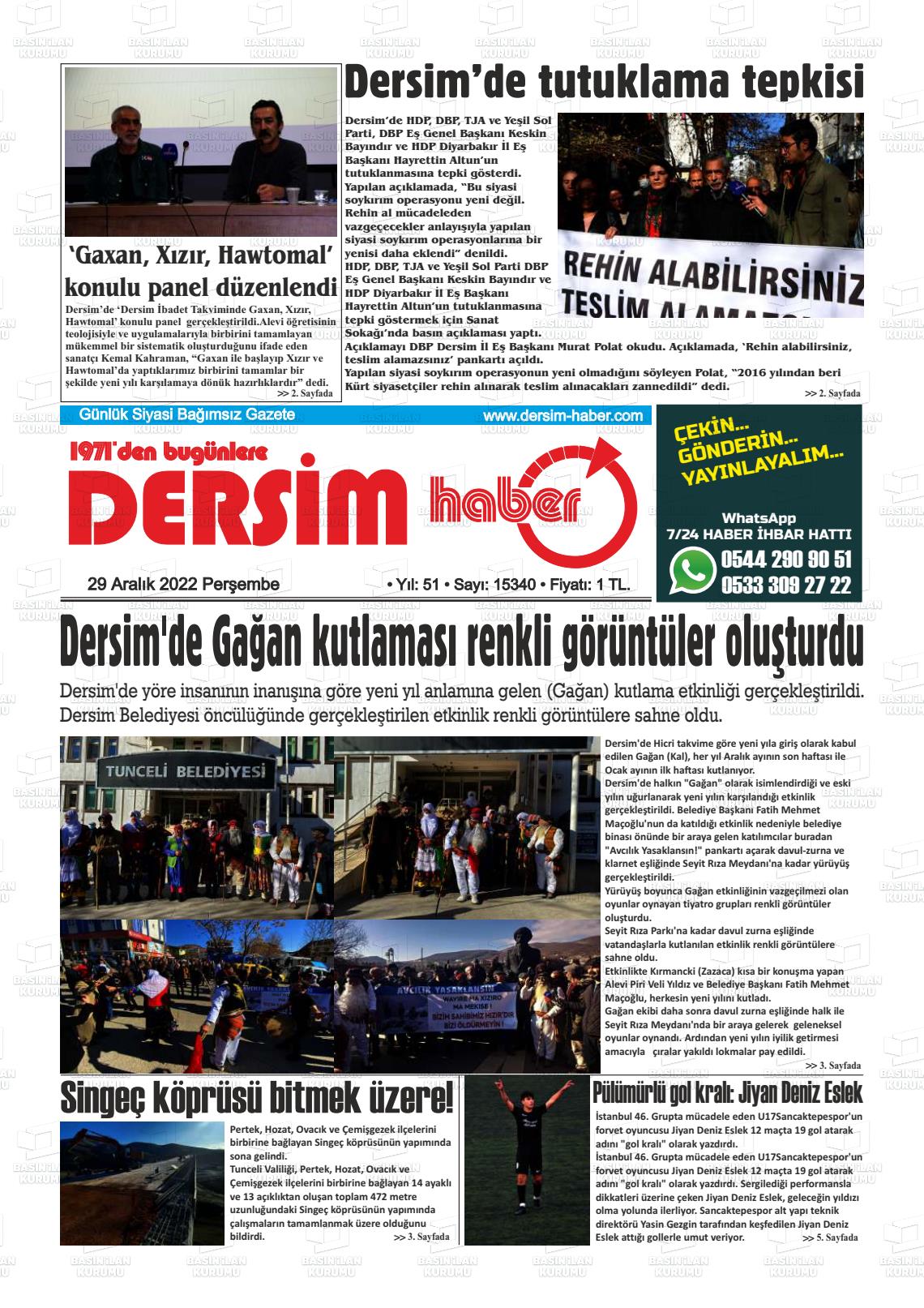 29 Aralık 2022 DERSİM HABER Gazete Manşeti