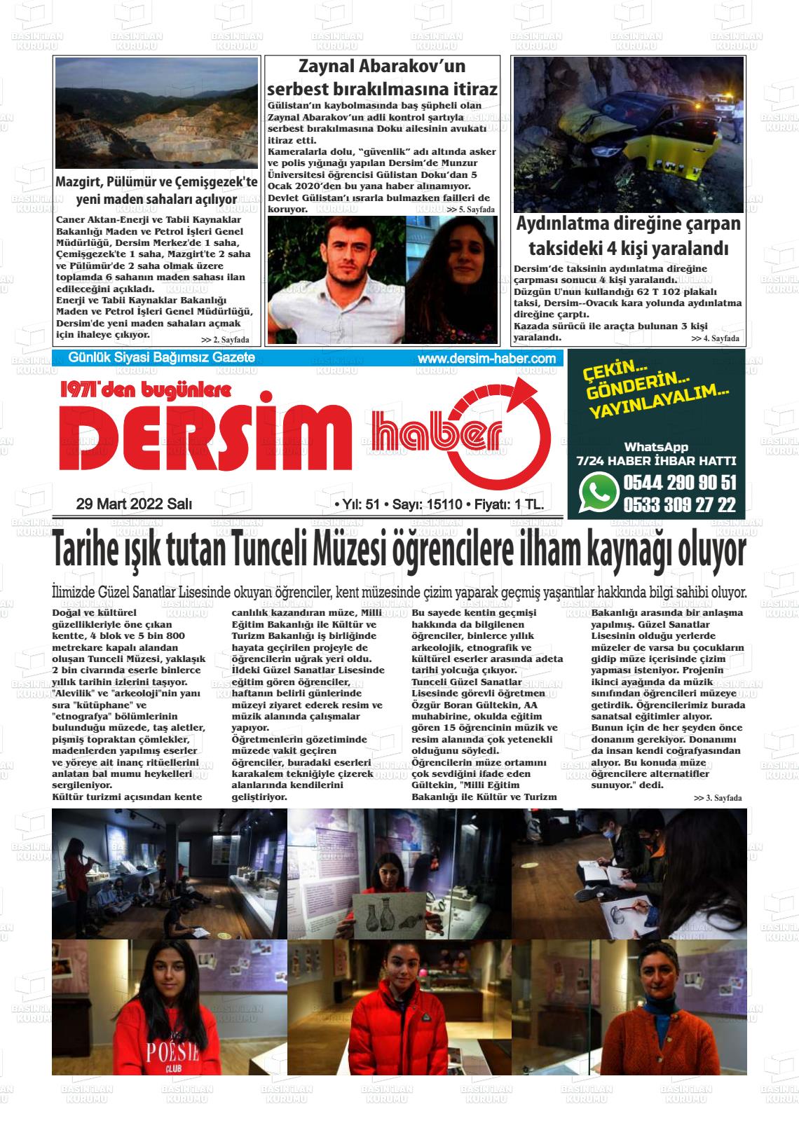 29 mart 2022 tarihli dersİm haber gazete manşetleri