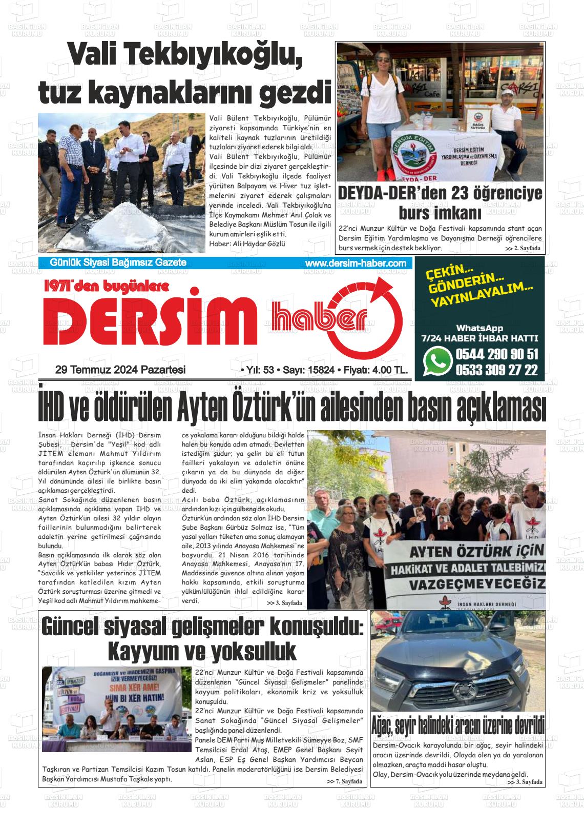 29 Temmuz 2024 DERSİM HABER Gazete Manşeti