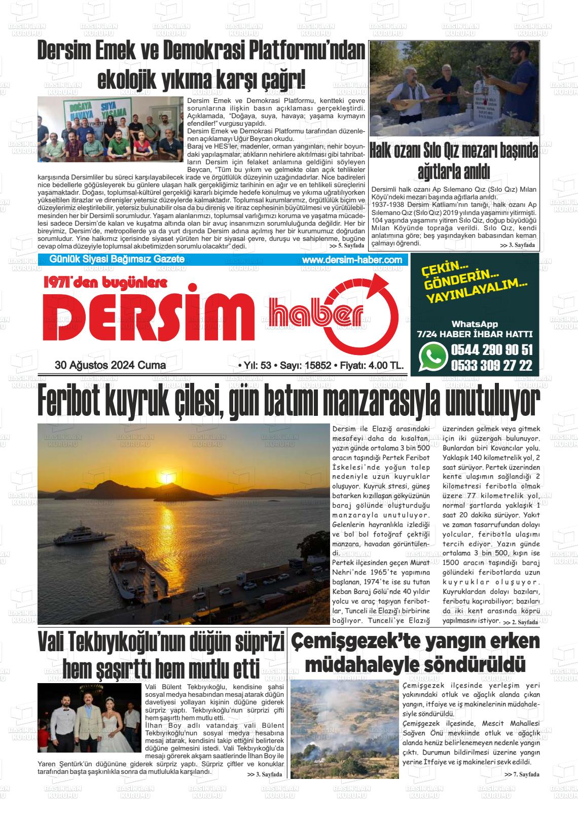 30 Ağustos 2024 DERSİM HABER Gazete Manşeti