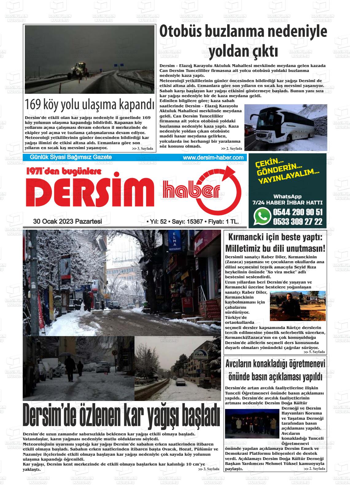 30 Ocak 2023 DERSİM HABER Gazete Manşeti