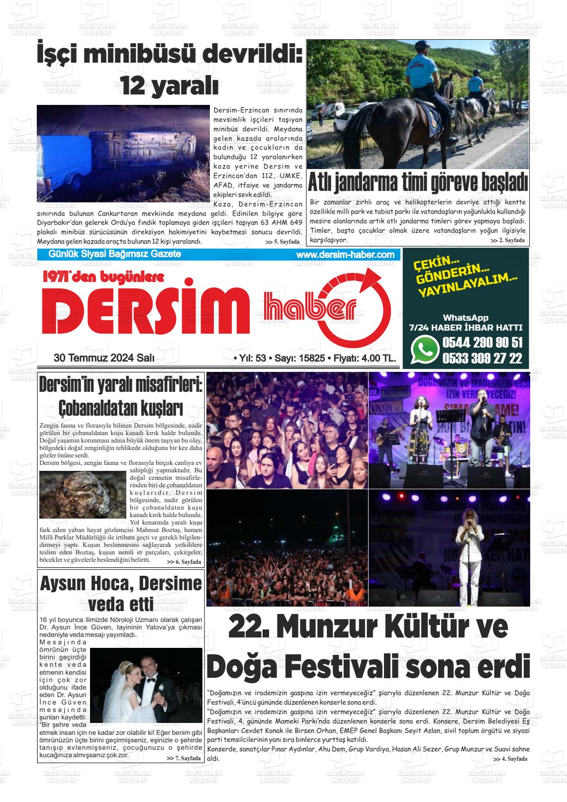 30 Temmuz 2024 DERSİM HABER Gazete Manşeti