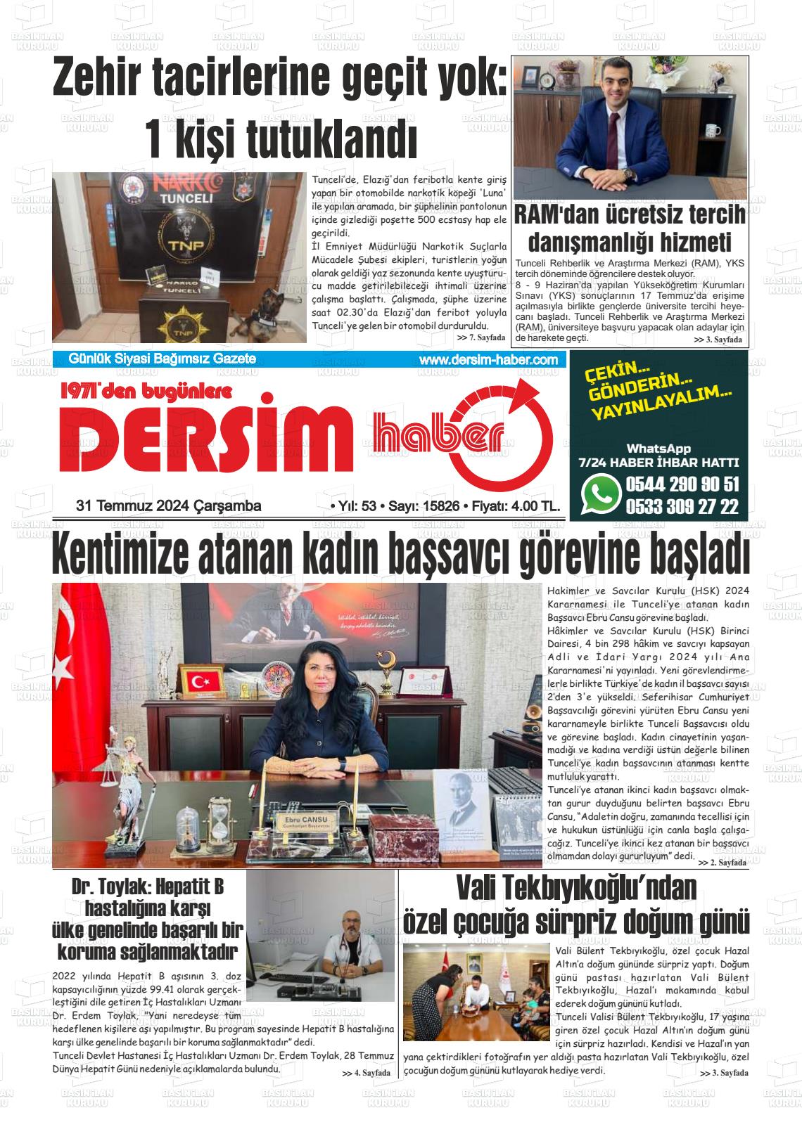 31 Temmuz 2024 DERSİM HABER Gazete Manşeti