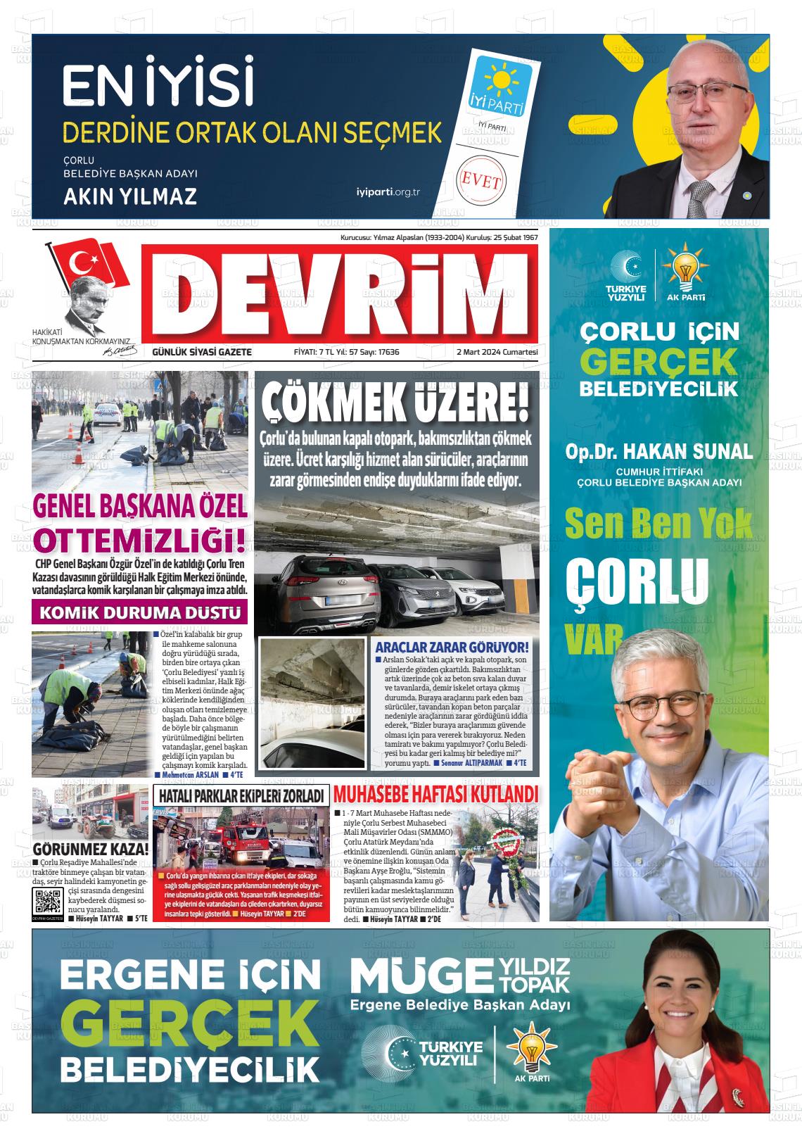 02 Mart 2024 Devrim Gazete Manşeti