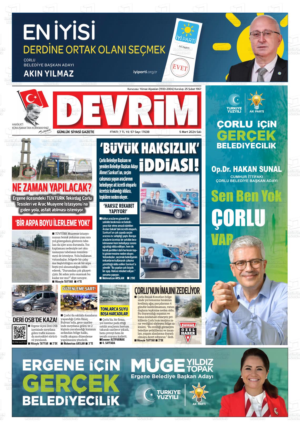 07 Mart 2024 Devrim Gazete Manşeti