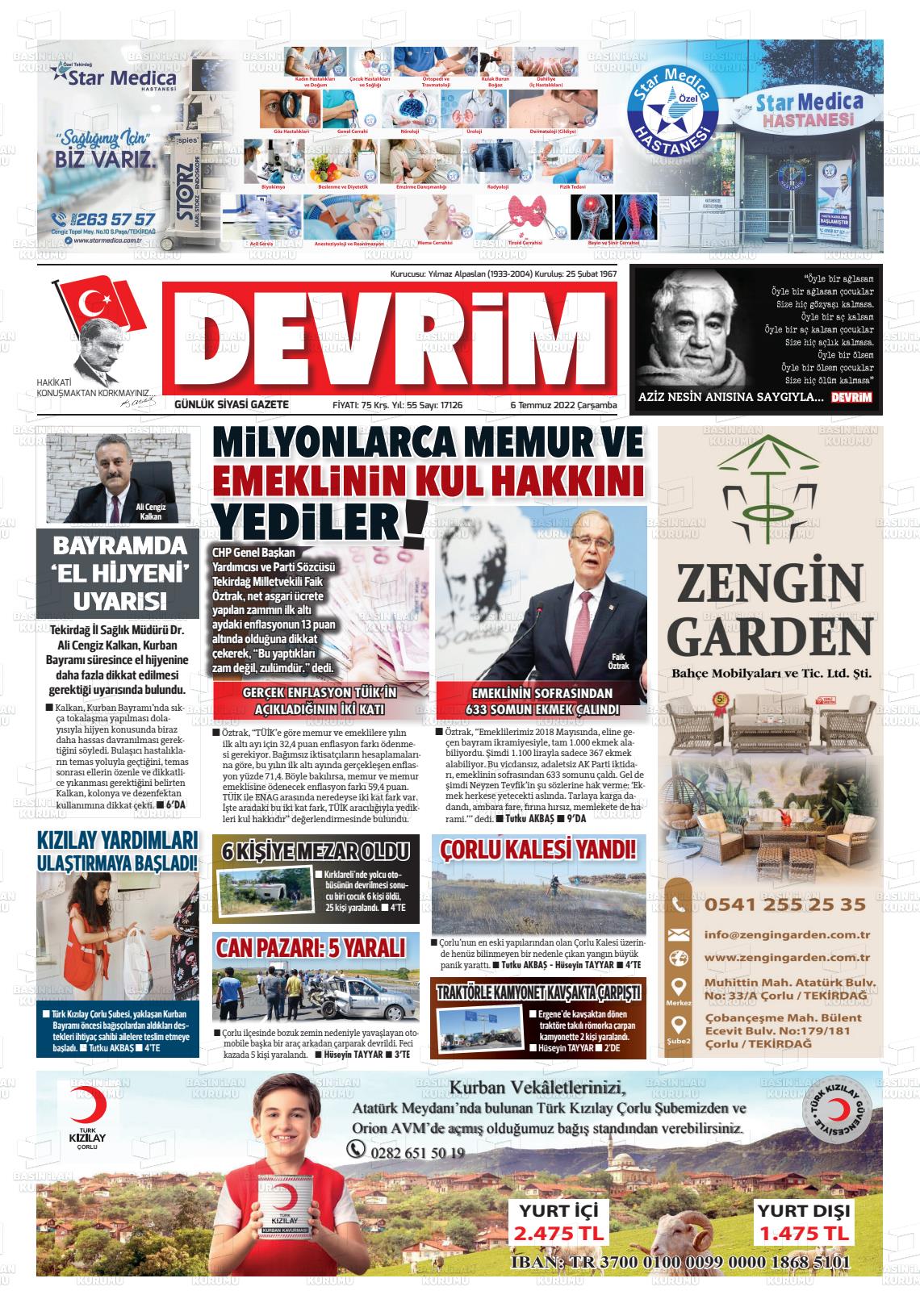 06 Temmuz 2022 Devrim Gazete Manşeti