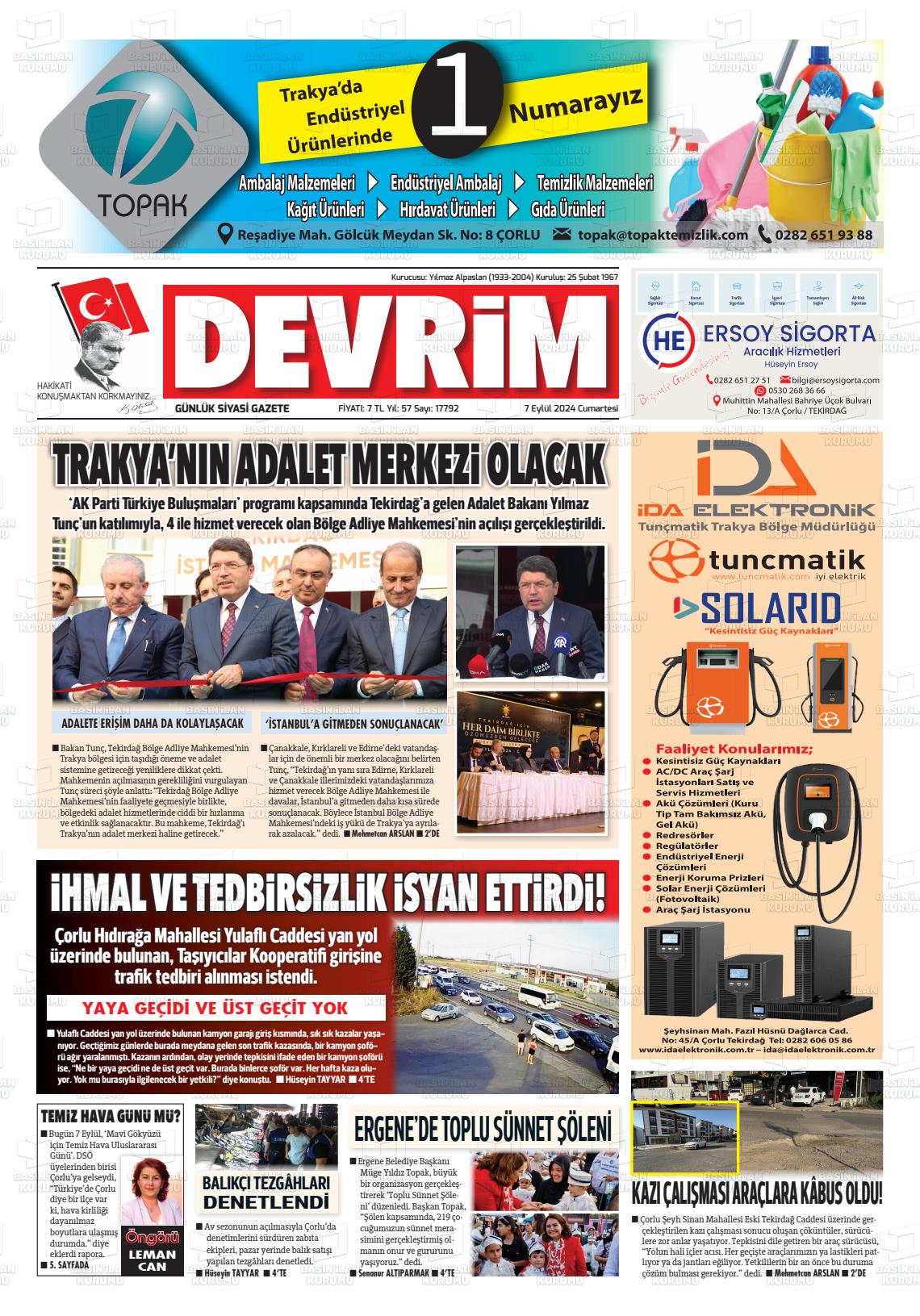 07 Eylül 2024 Devrim Gazete Manşeti