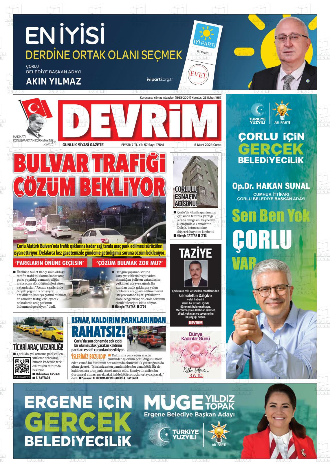 08 Mart 2024 Devrim Gazete Manşeti