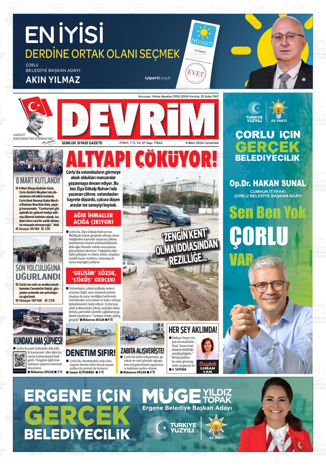 09 Mart 2024 Devrim Gazete Manşeti