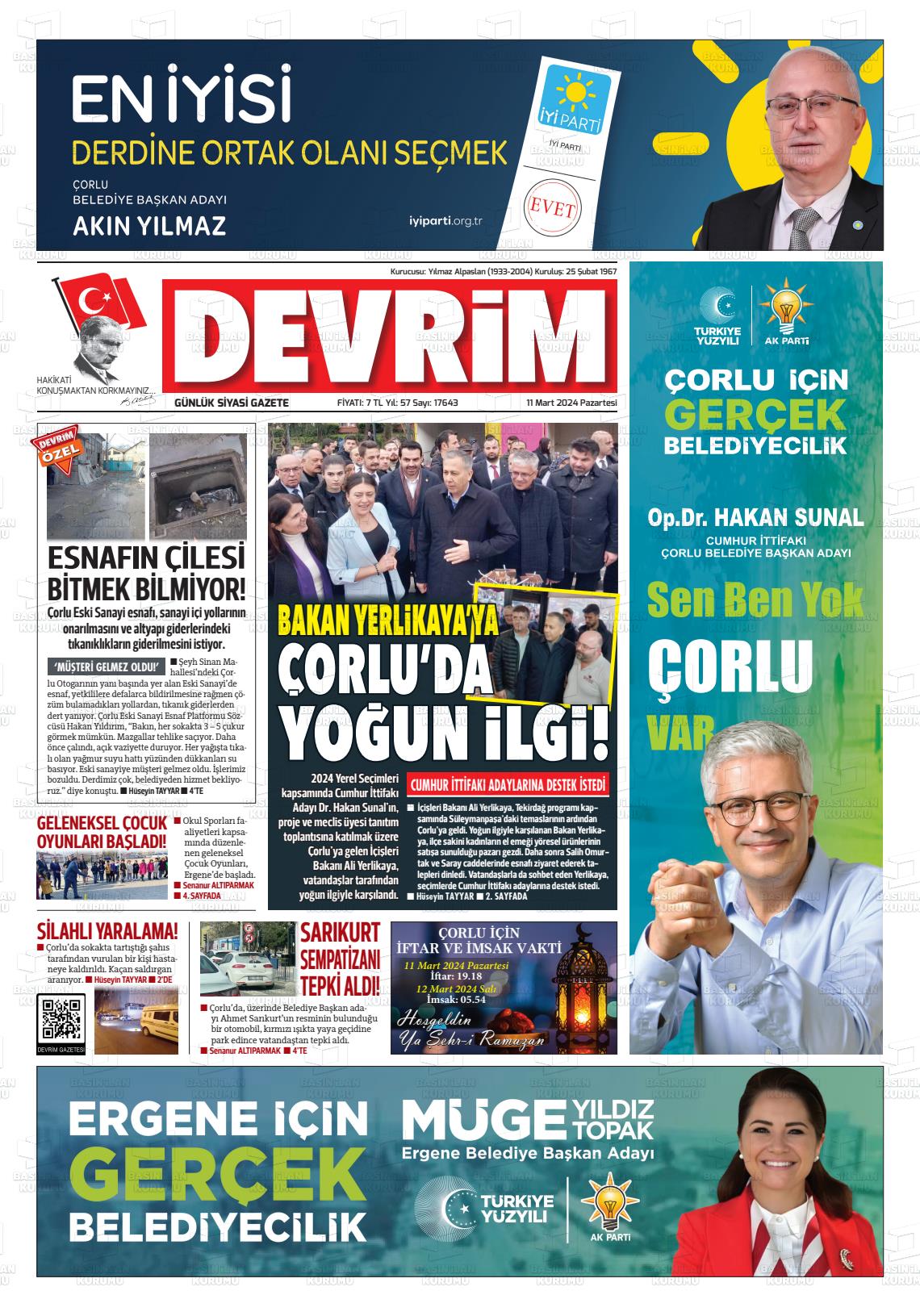 11 Mart 2024 Devrim Gazete Manşeti