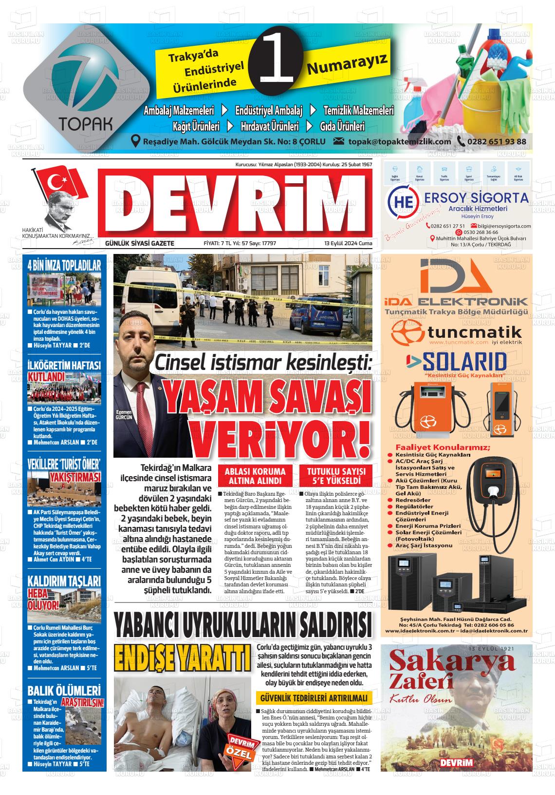 13 Eylül 2024 Devrim Gazete Manşeti