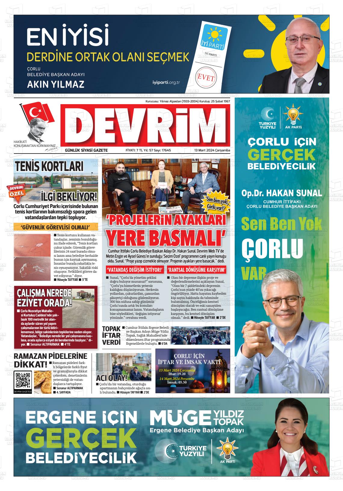 13 Mart 2024 Devrim Gazete Manşeti