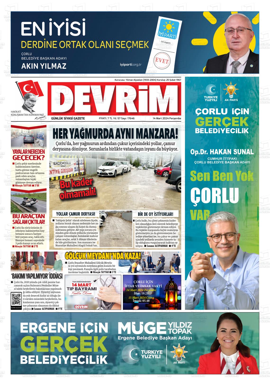 14 Mart 2024 Devrim Gazete Manşeti