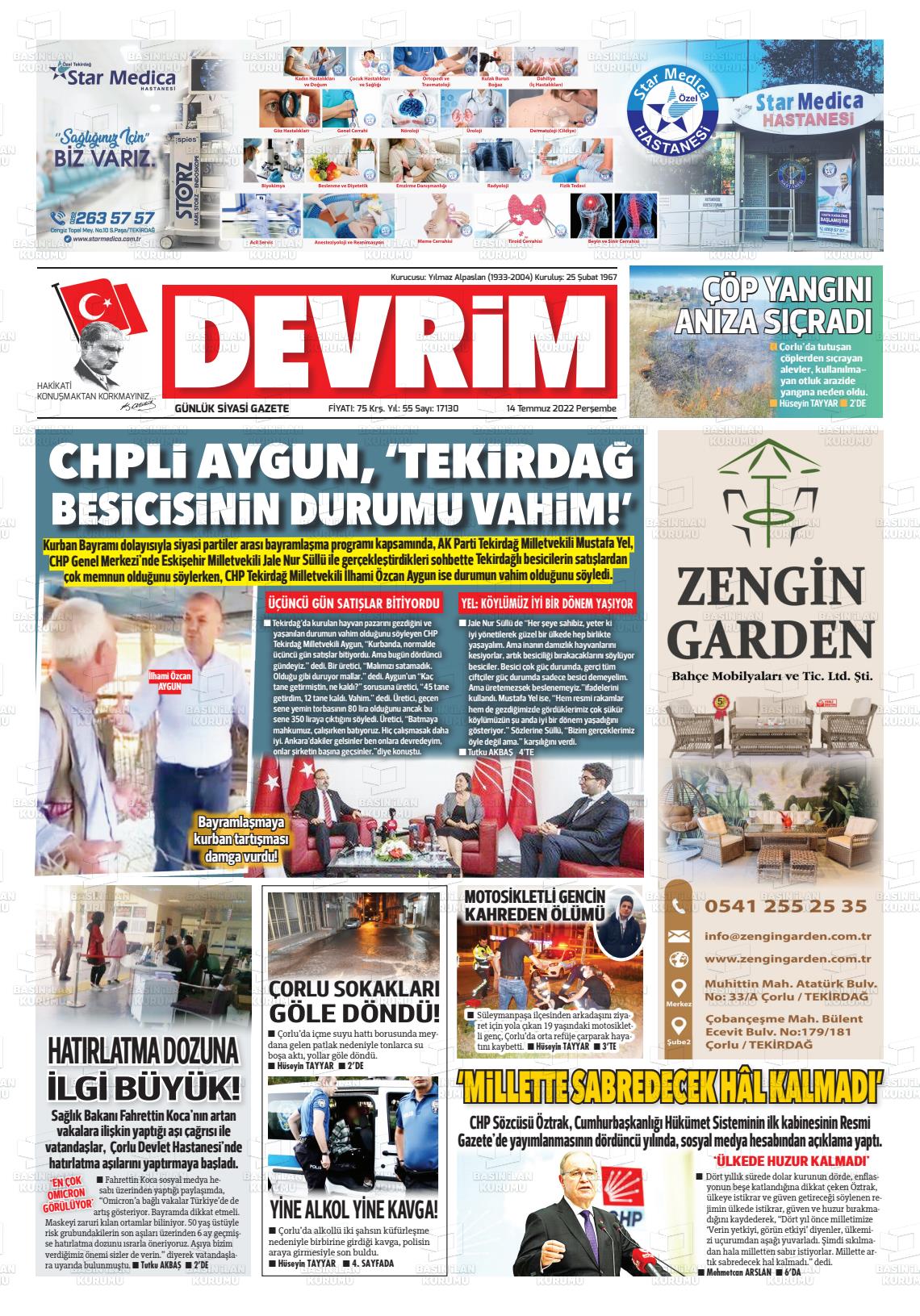 14 Temmuz 2022 Devrim Gazete Manşeti