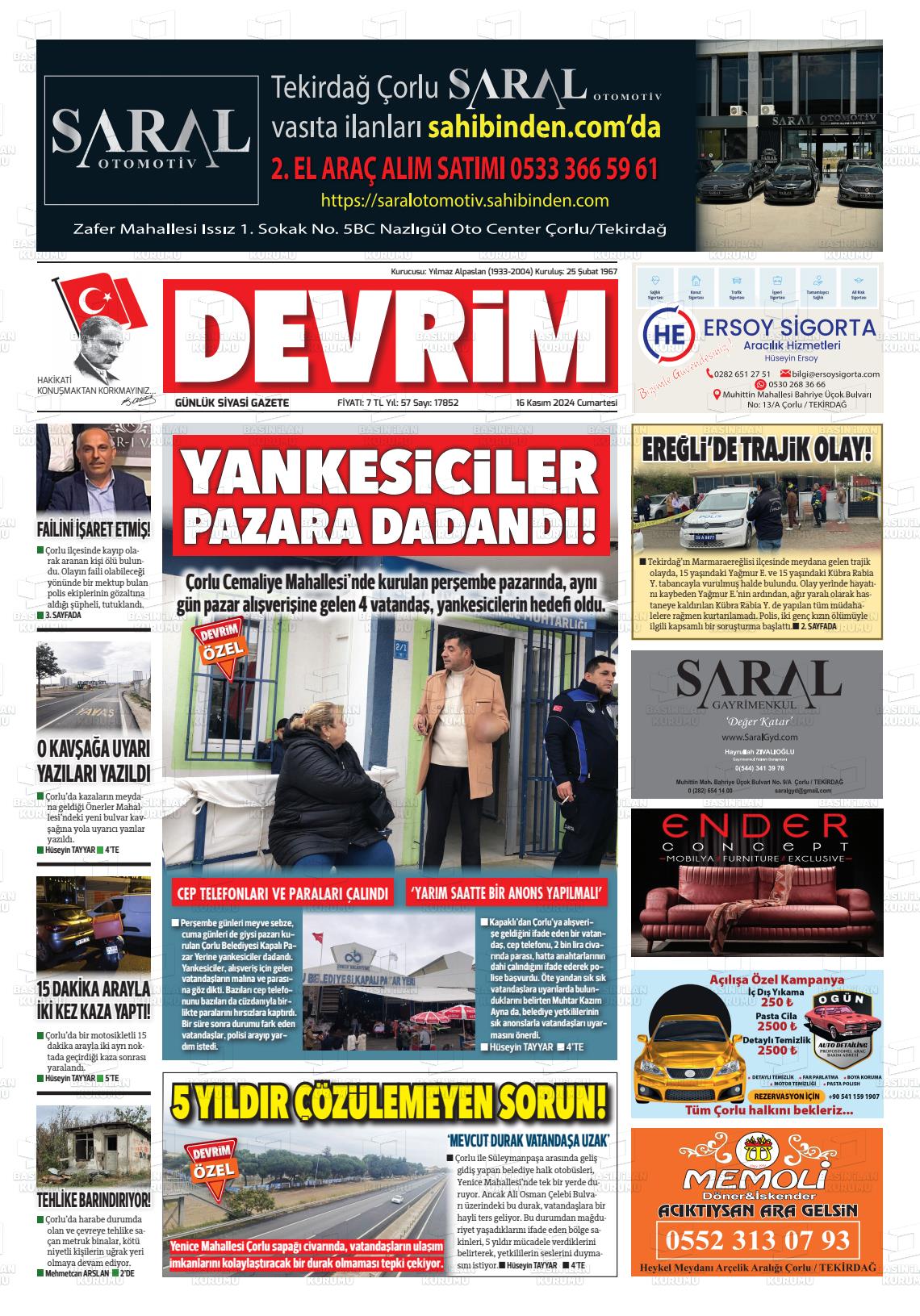 16 Kasım 2024 Devrim Gazete Manşeti