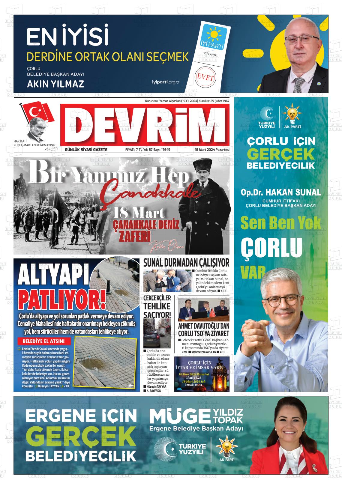 18 Mart 2024 Devrim Gazete Manşeti