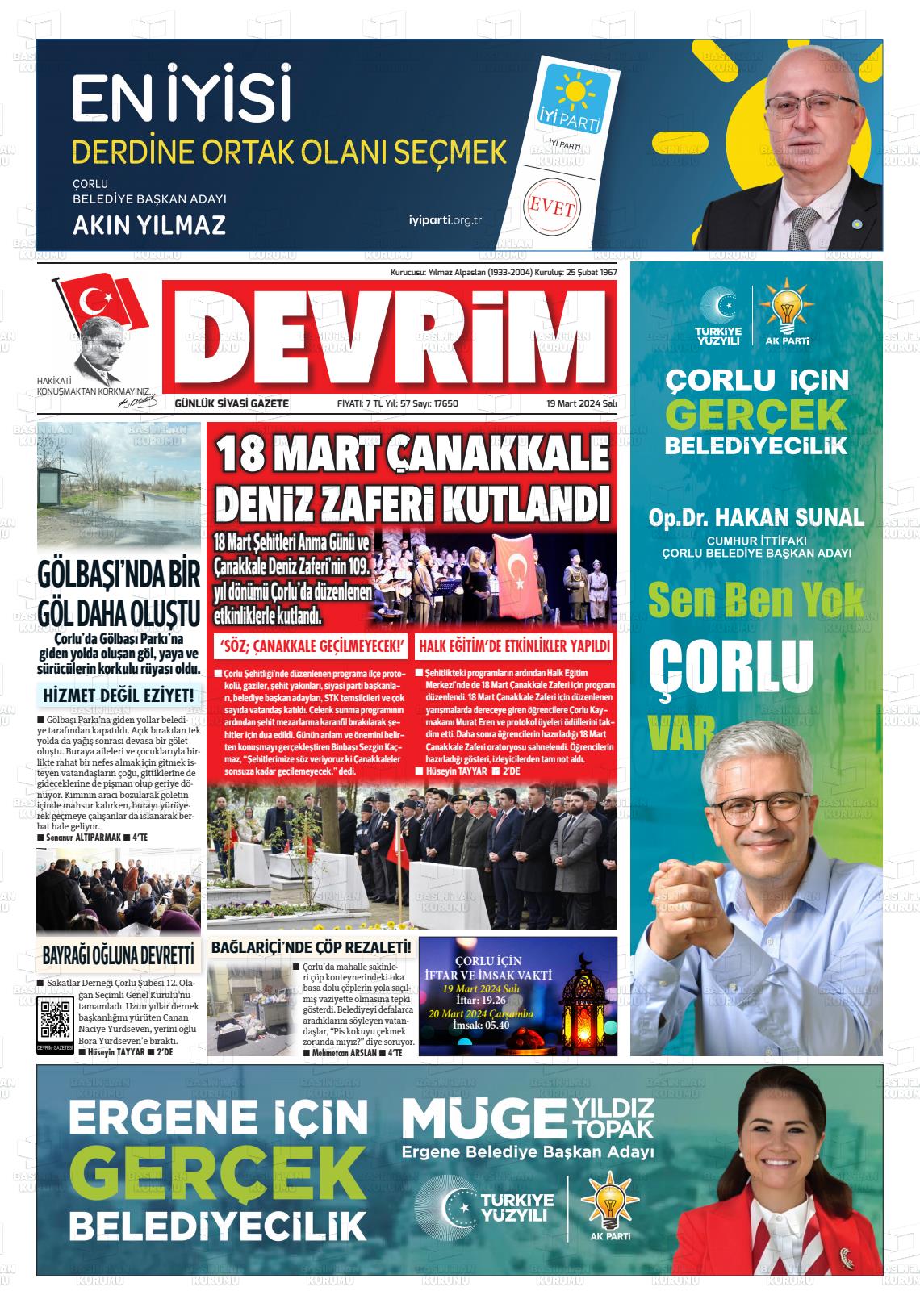 19 Mart 2024 Devrim Gazete Manşeti