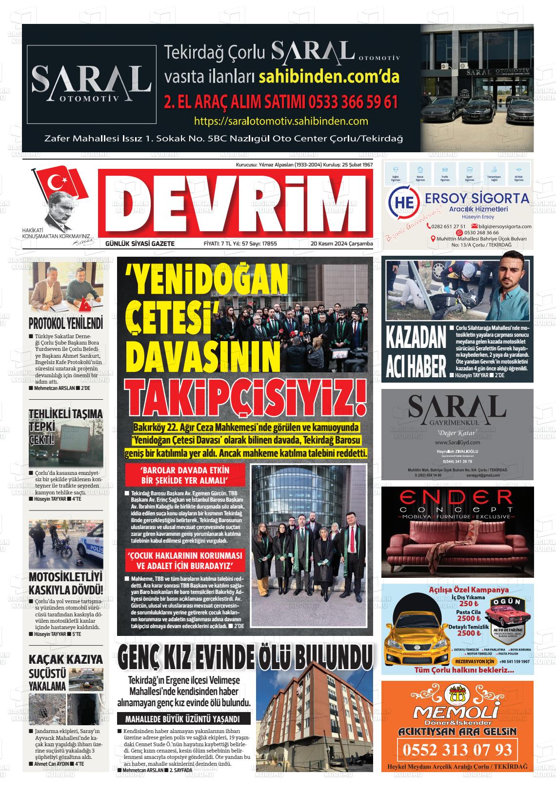 20 Kasım 2024 Devrim Gazete Manşeti