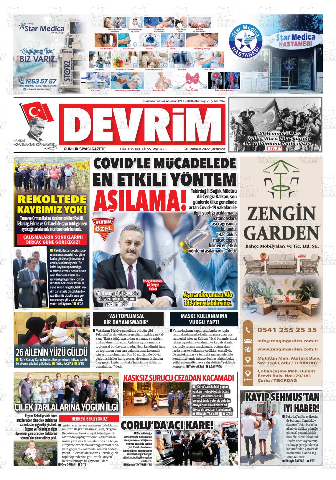 20 Temmuz 2022 Devrim Gazete Manşeti