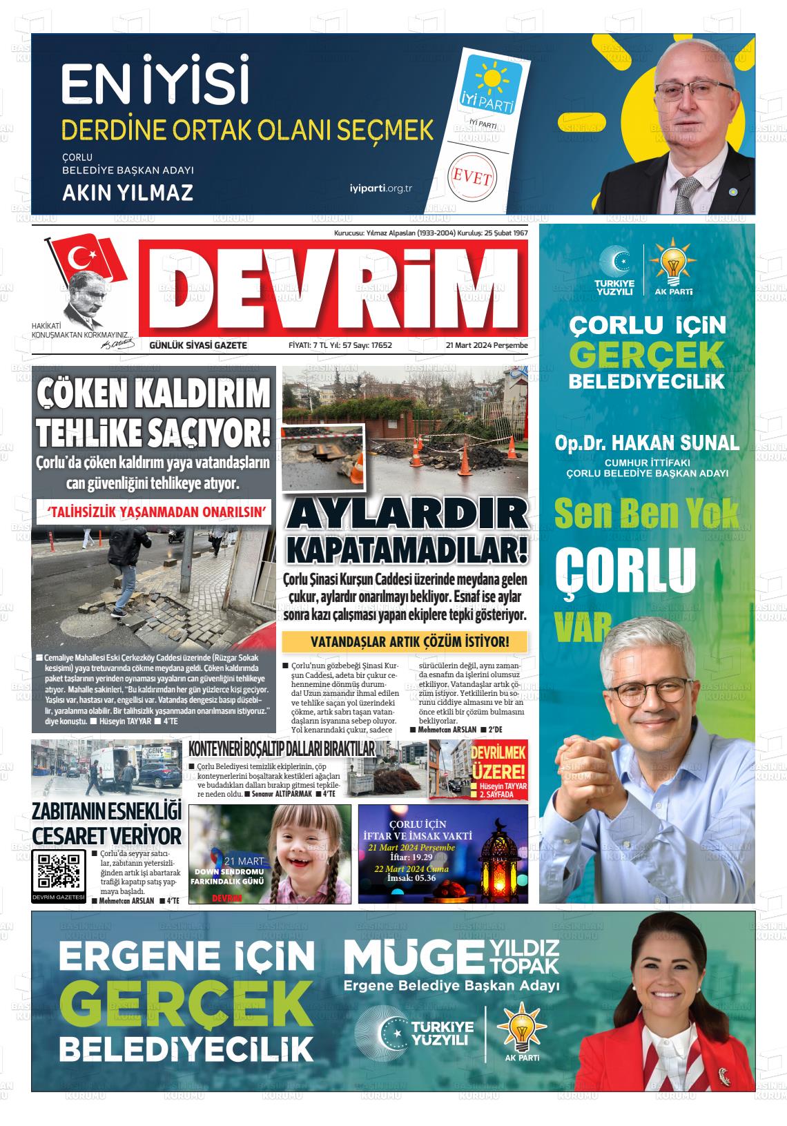 21 Mart 2024 Devrim Gazete Manşeti