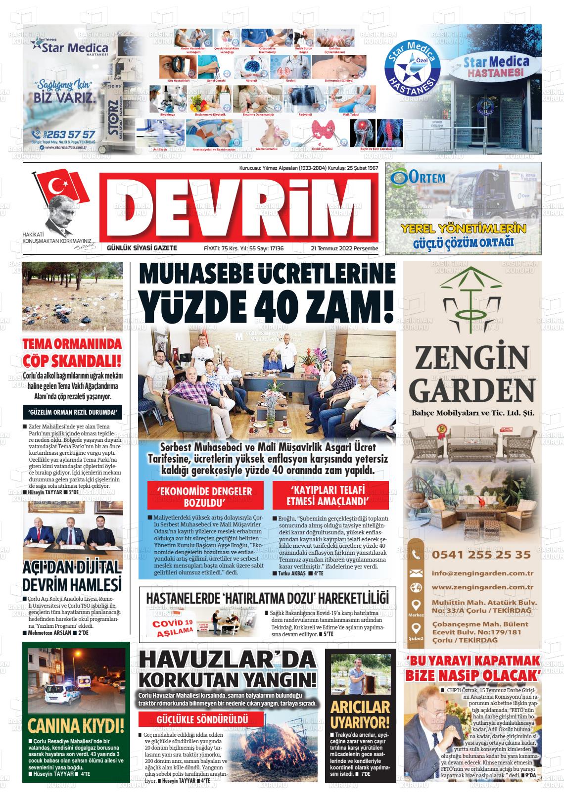 21 Temmuz 2022 Devrim Gazete Manşeti