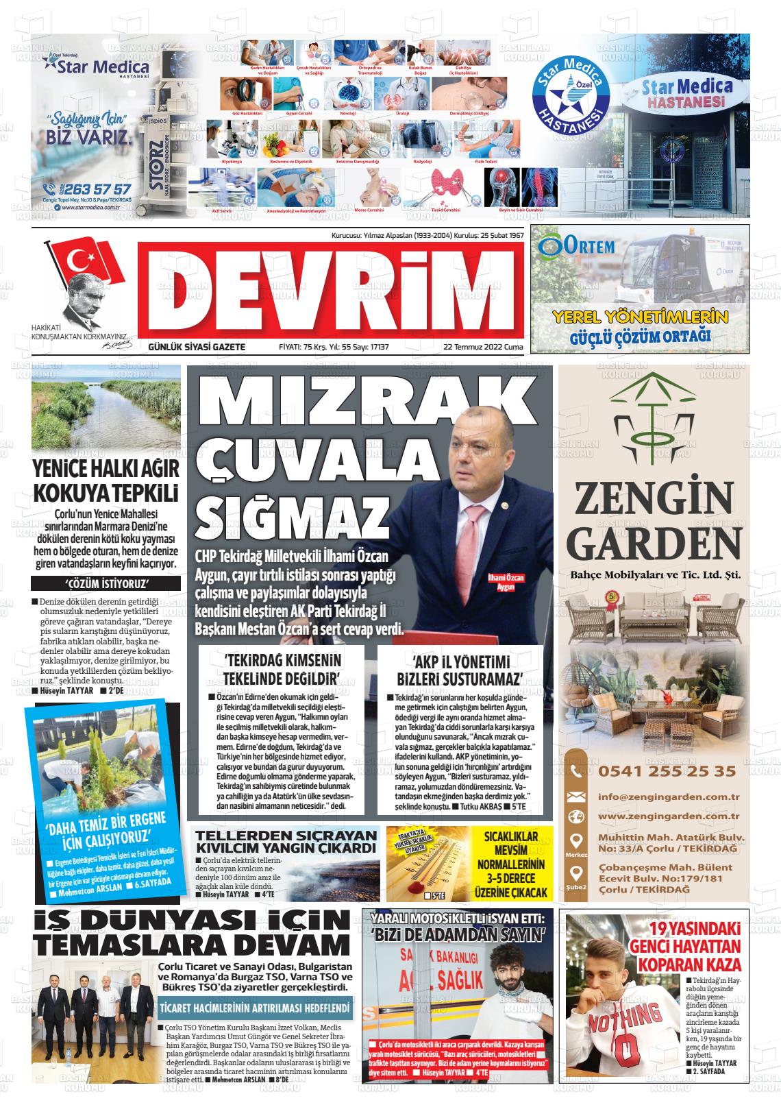 22 Temmuz 2022 Devrim Gazete Manşeti