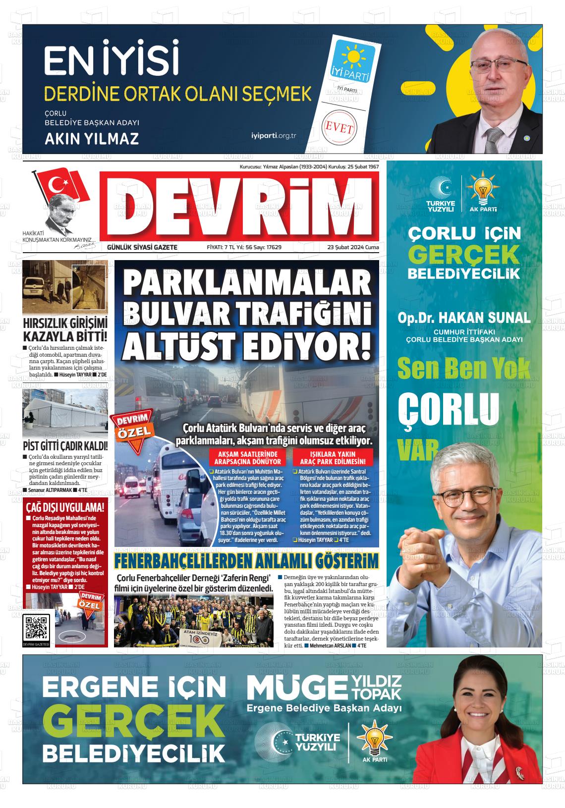 23 Şubat 2024 Devrim Gazete Manşeti