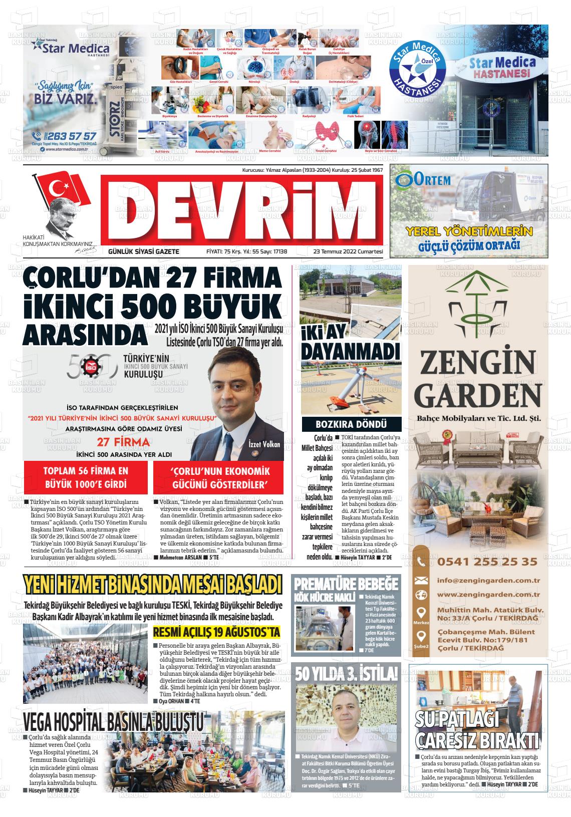 23 Temmuz 2022 Devrim Gazete Manşeti