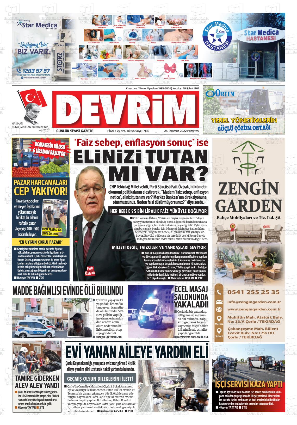 25 Temmuz 2022 Devrim Gazete Manşeti