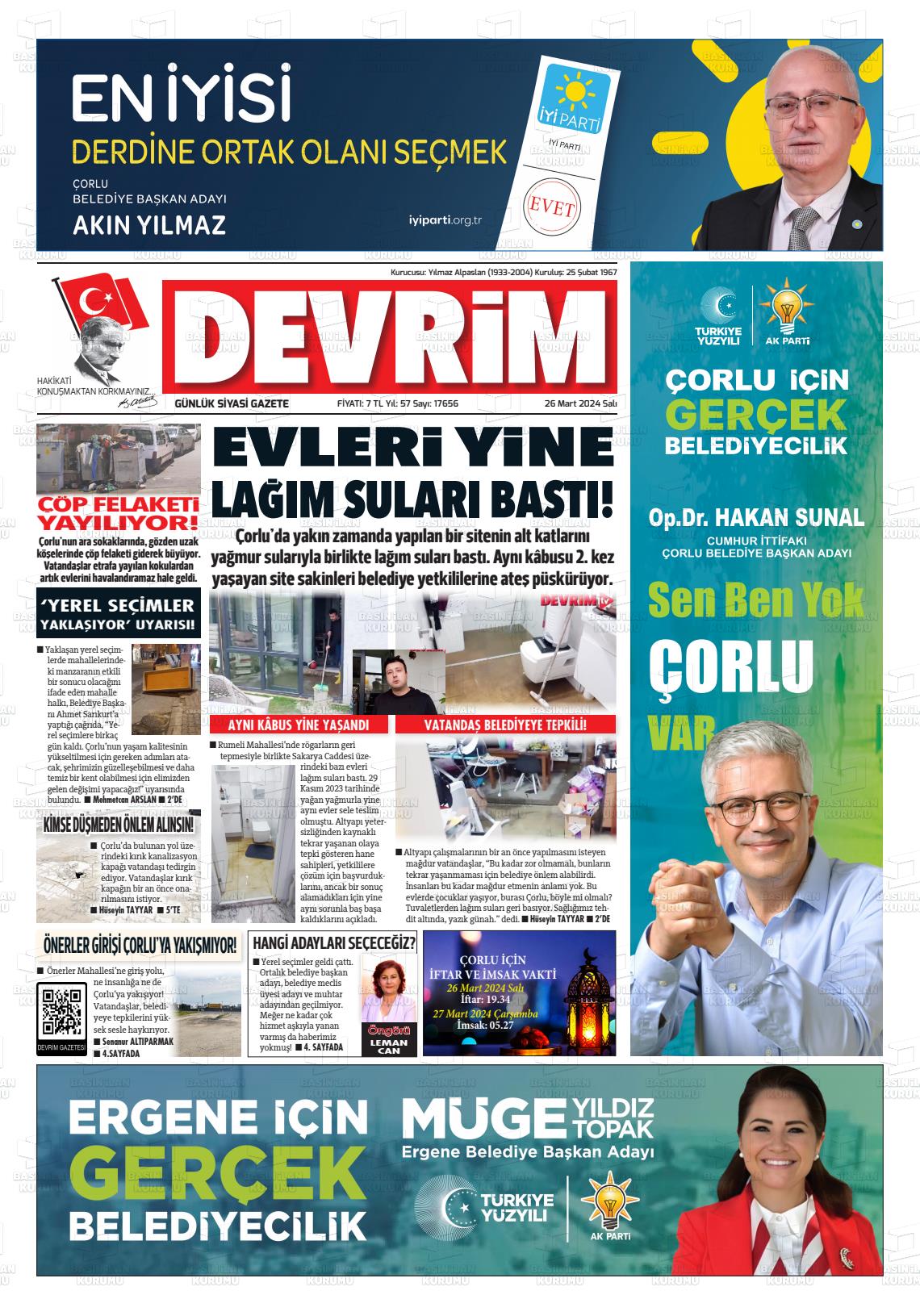 26 Mart 2024 Devrim Gazete Manşeti