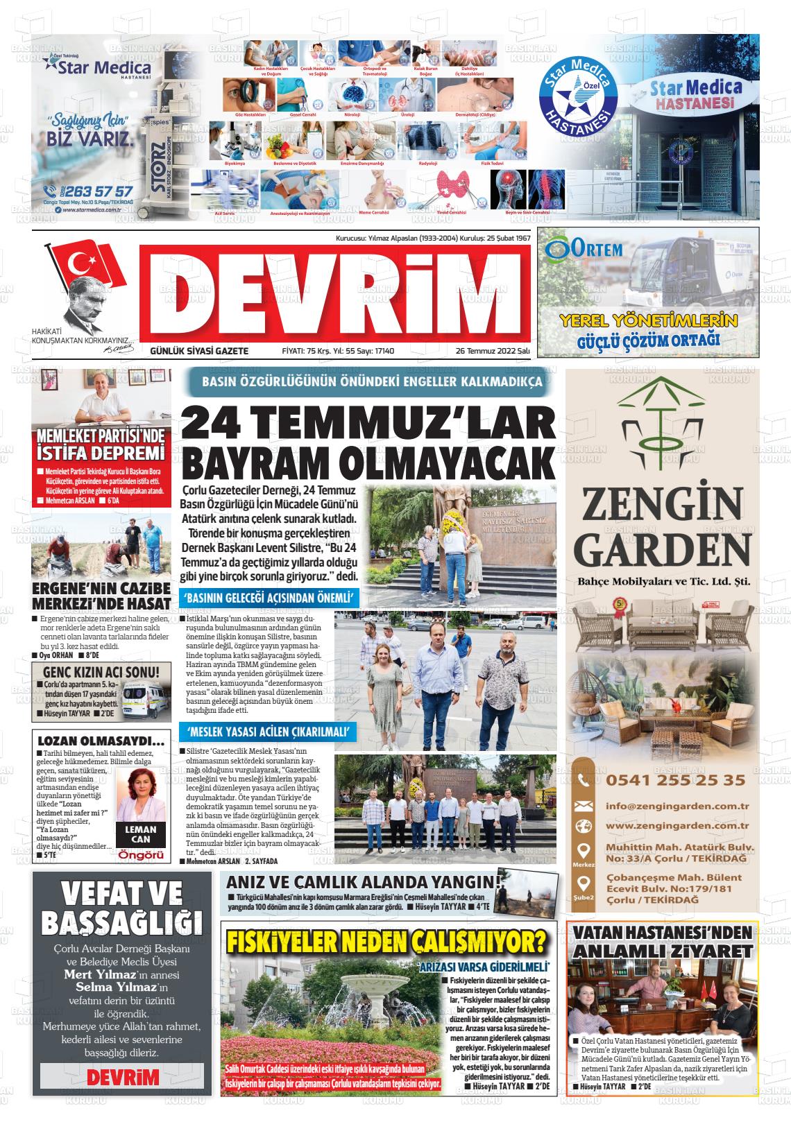 26 Temmuz 2022 Devrim Gazete Manşeti