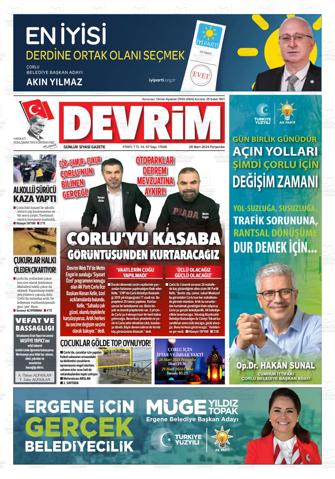 28 Mart 2024 Devrim Gazete Manşeti