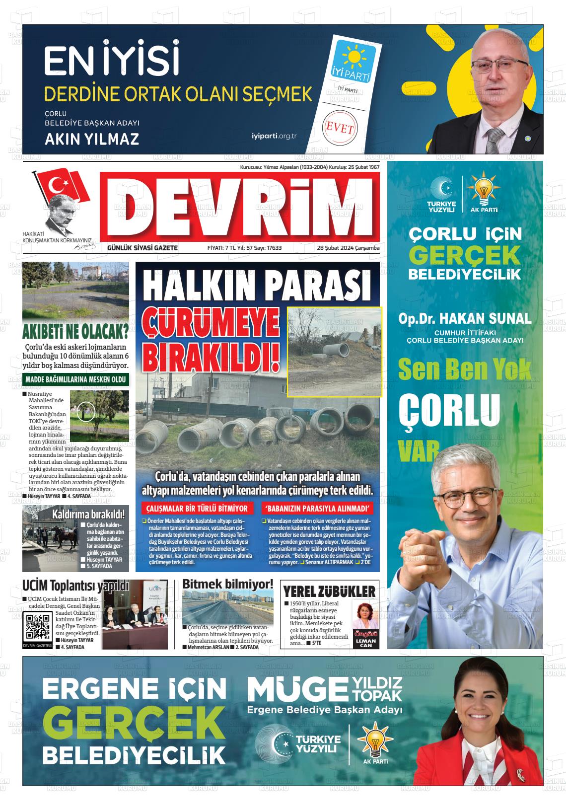 28 Şubat 2024 Devrim Gazete Manşeti