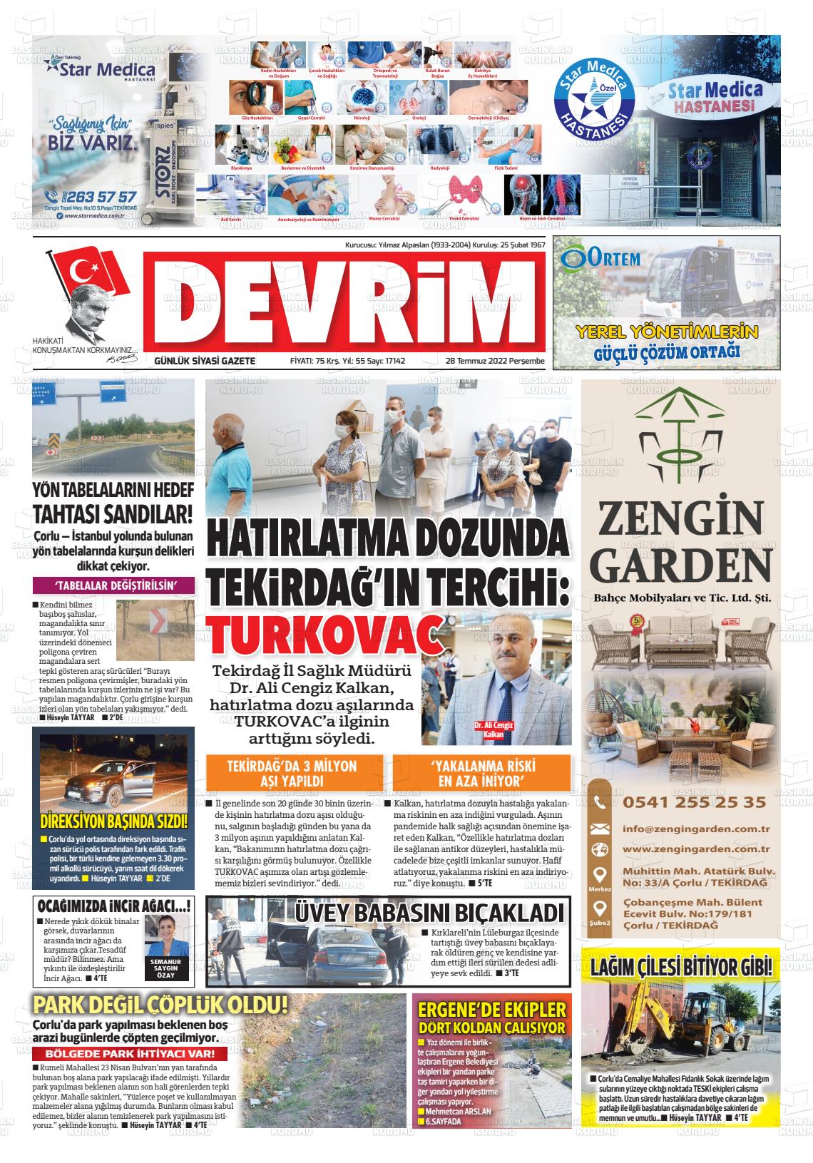 28 Temmuz 2022 Devrim Gazete Manşeti