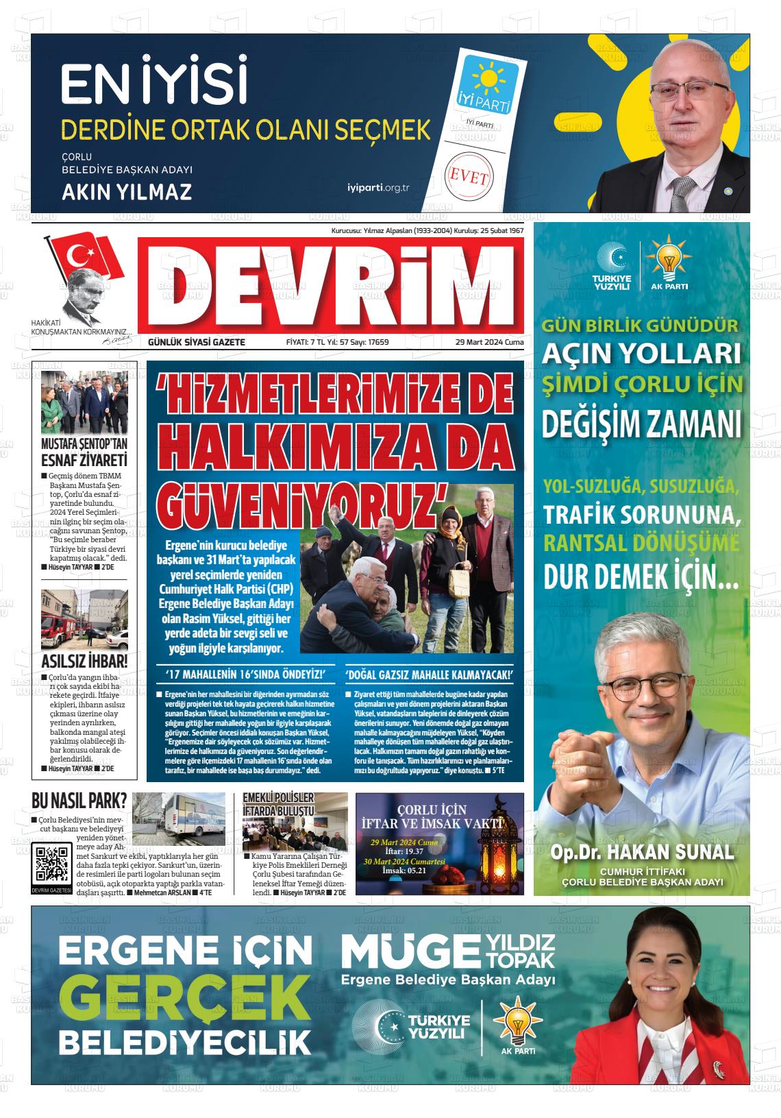 29 Mart 2024 Devrim Gazete Manşeti