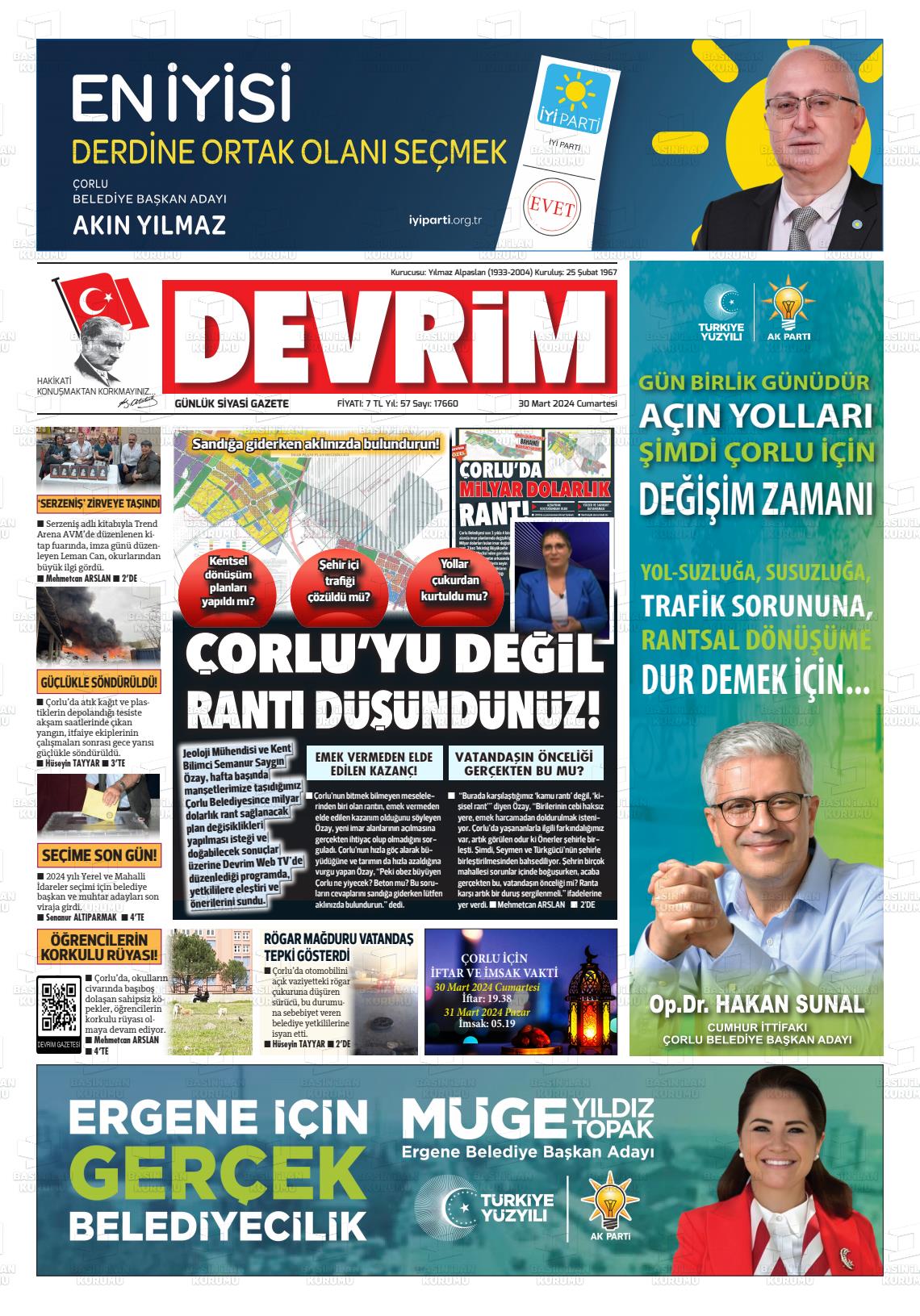 30 Mart 2024 Devrim Gazete Manşeti