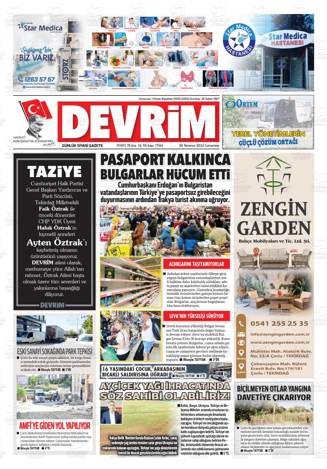 30 Temmuz 2022 Devrim Gazete Manşeti