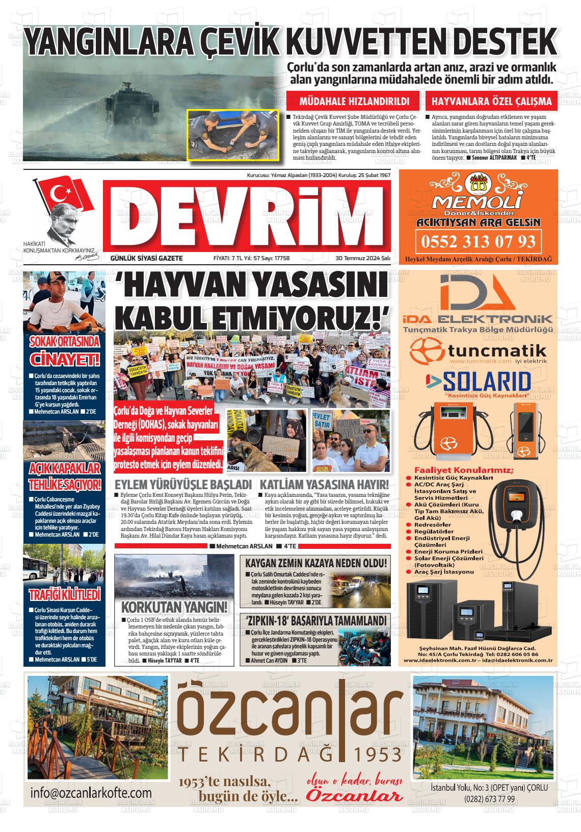 30 Temmuz 2024 Devrim Gazete Manşeti