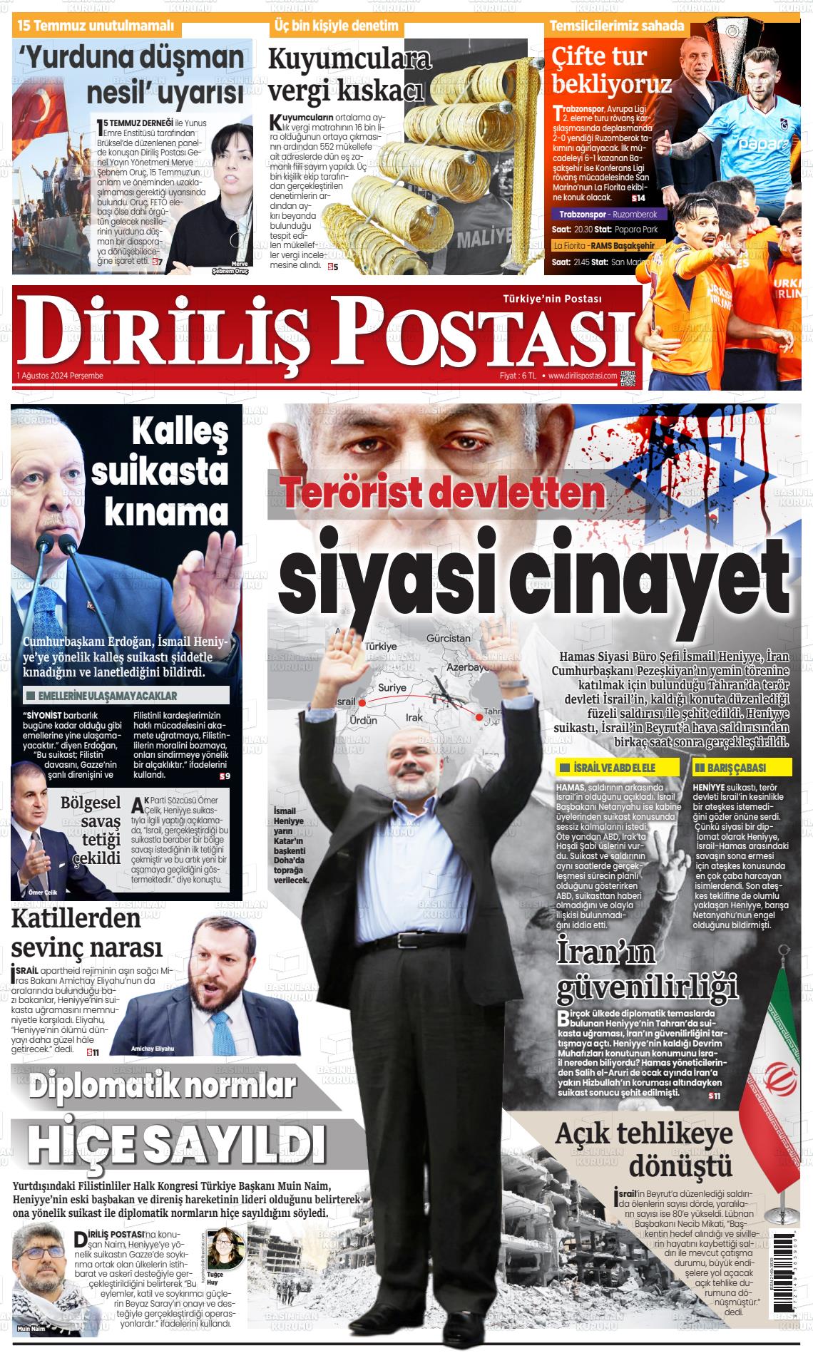 01 Ağustos 2024 Diriliş Postası Gazete Manşeti