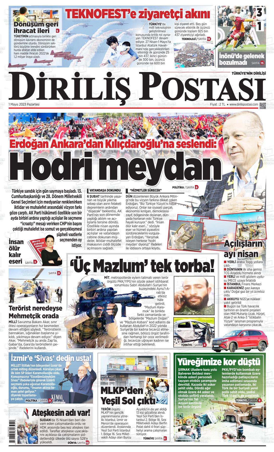 01 Mayıs 2023 Diriliş Postası Gazete Manşeti