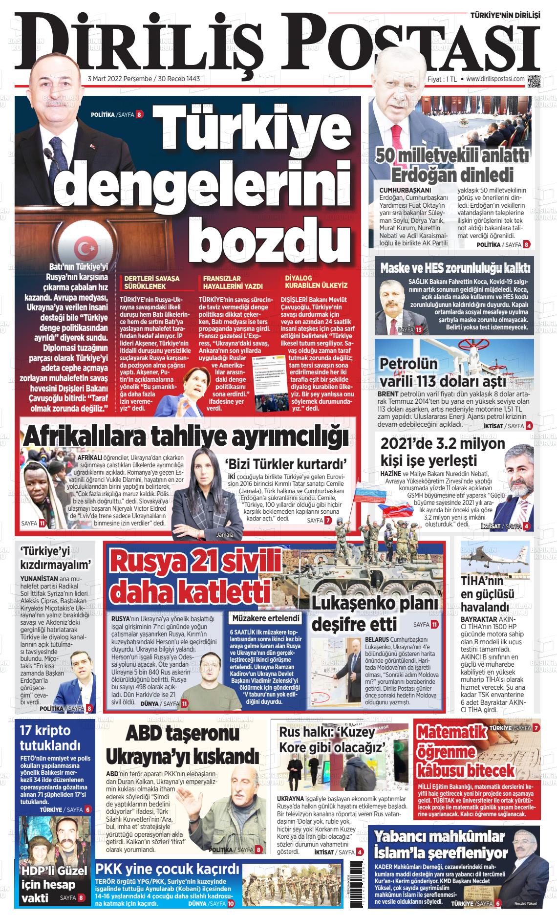 03 Mart 2022 Diriliş Postası Gazete Manşeti