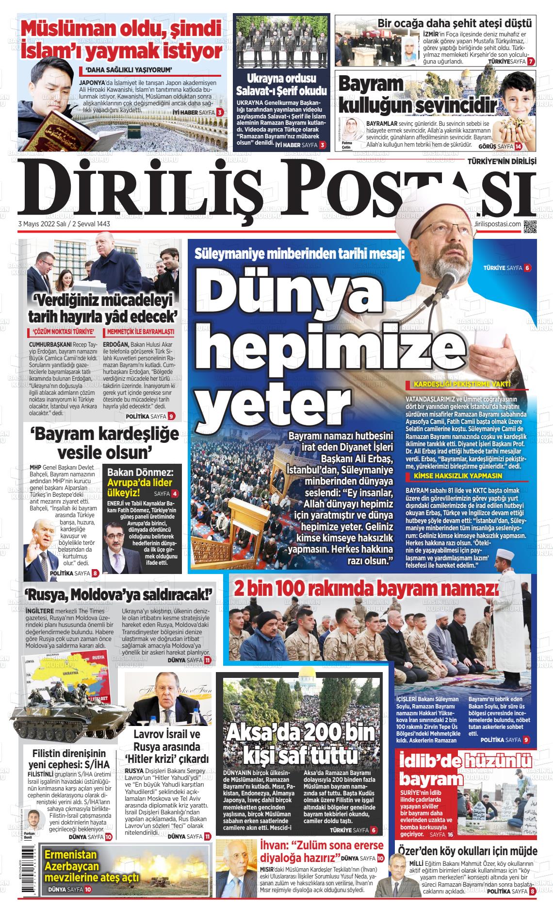 03 Mayıs 2022 Diriliş Postası Gazete Manşeti