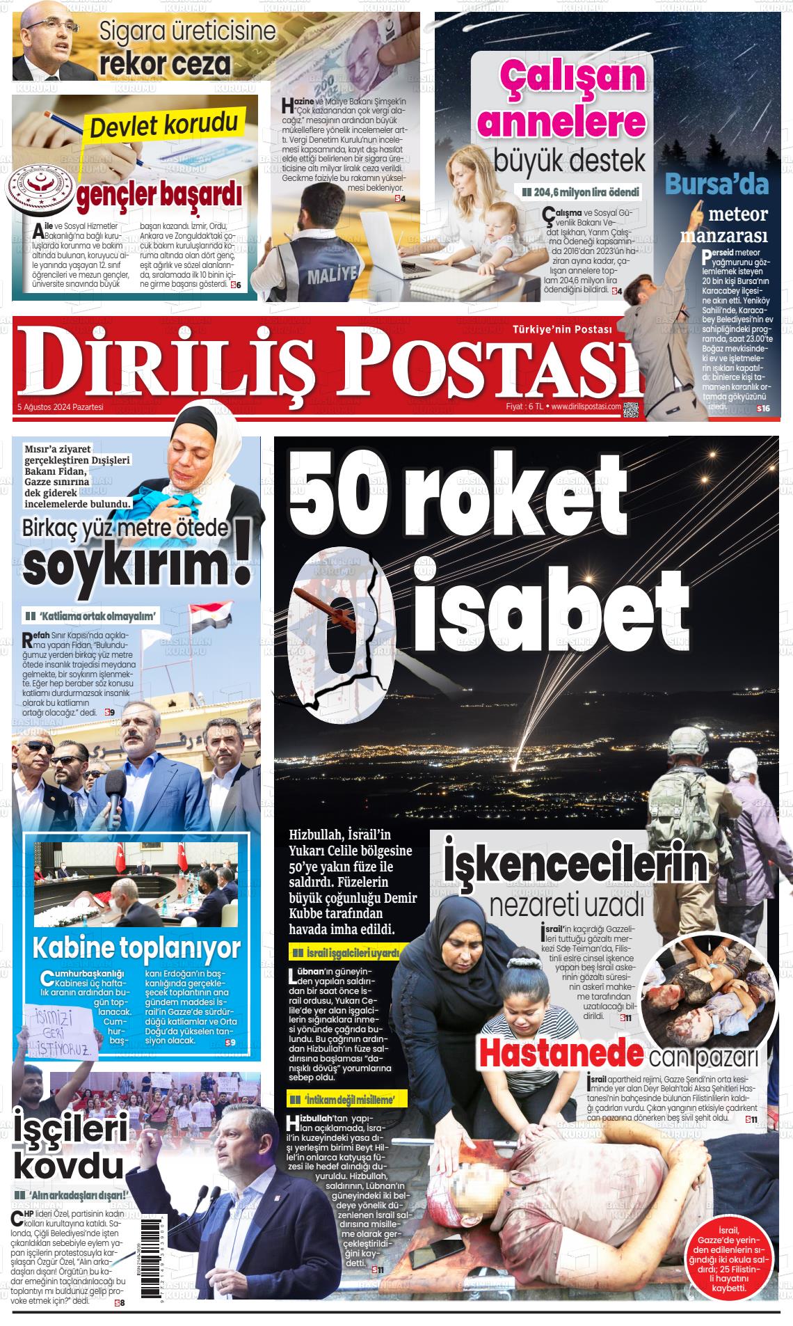 05 Ağustos 2024 Diriliş Postası Gazete Manşeti