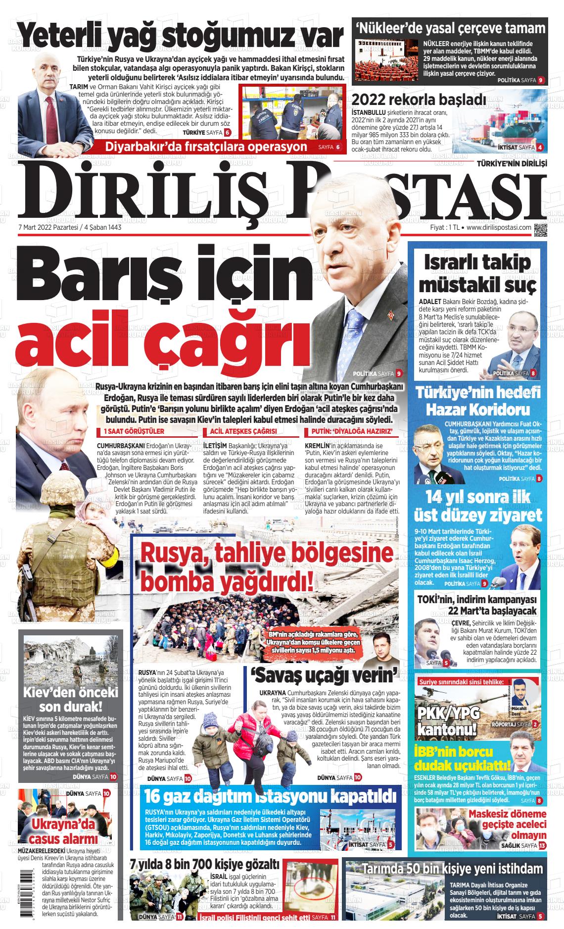 07 Mart 2022 Diriliş Postası Gazete Manşeti