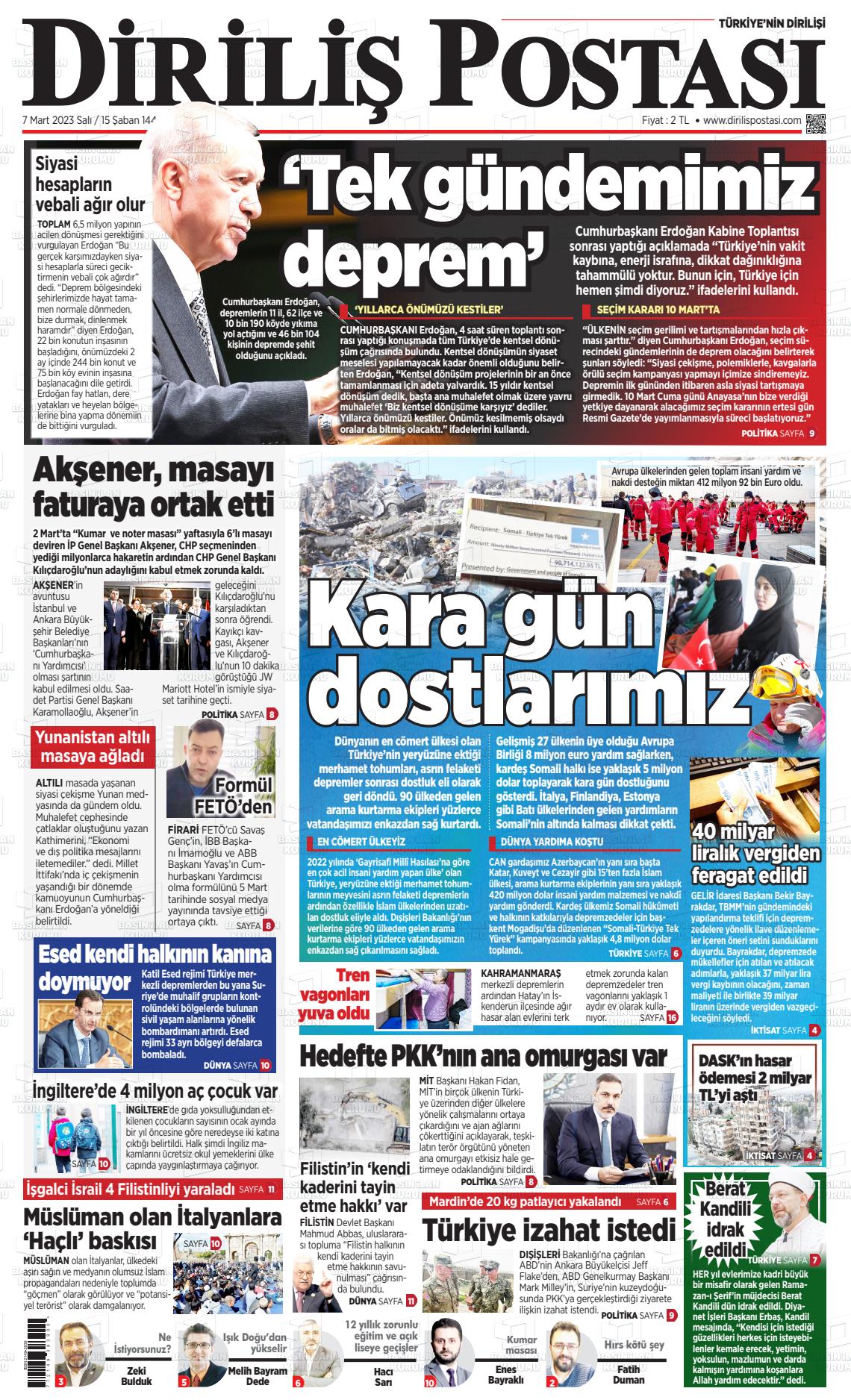 07 Mart 2023 Diriliş Postası Gazete Manşeti