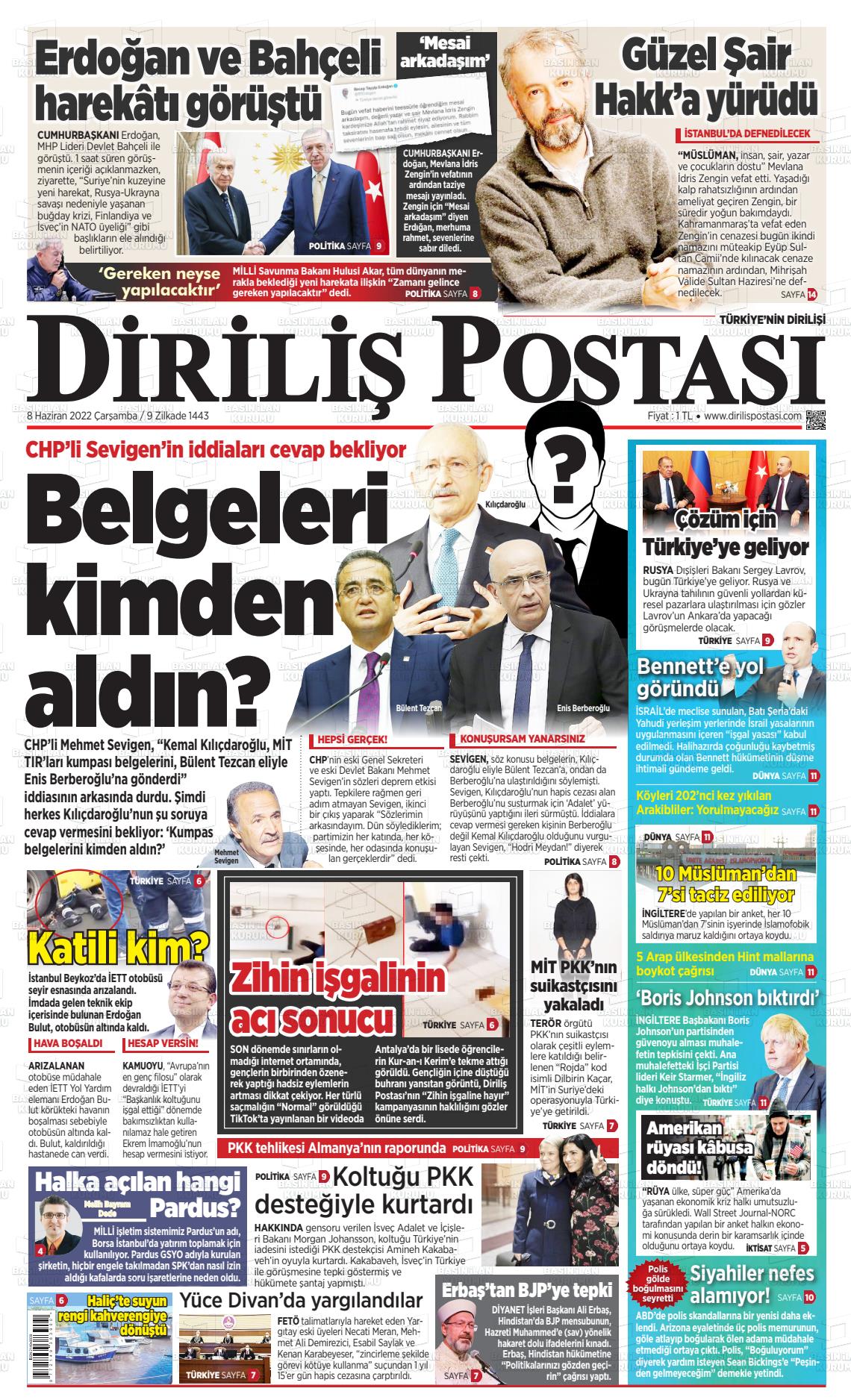 08 Haziran 2022 Diriliş Postası Gazete Manşeti