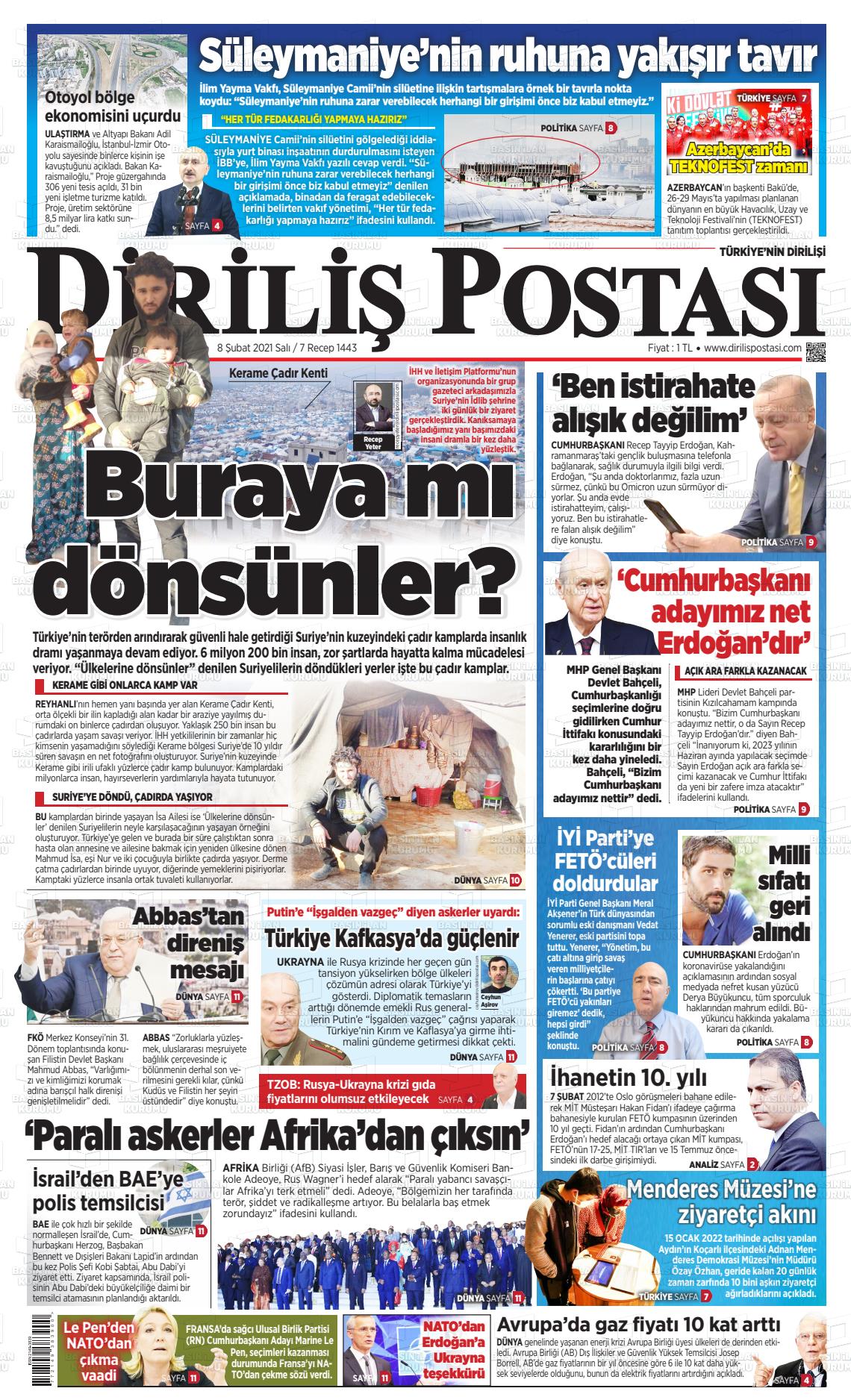 08 Şubat 2022 Diriliş Postası Gazete Manşeti