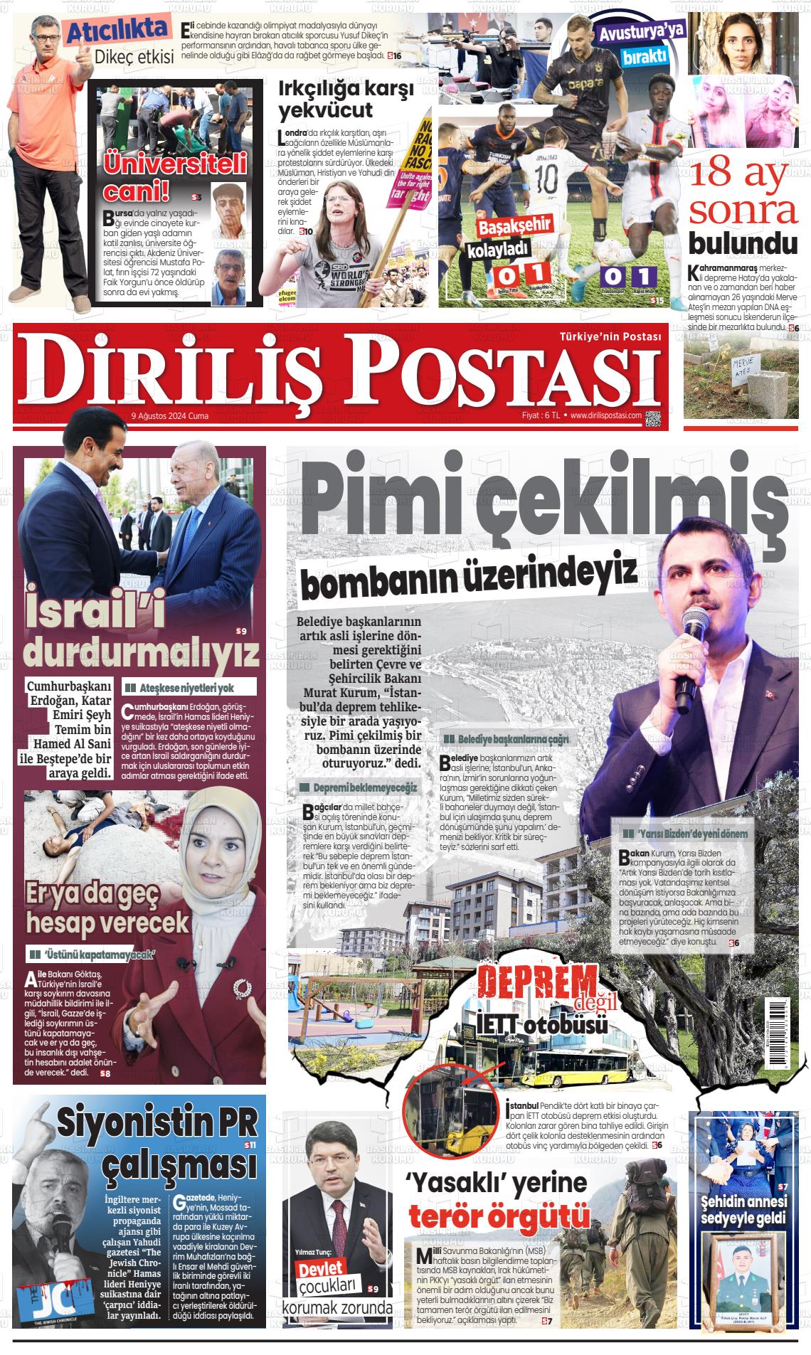 09 Ağustos 2024 Diriliş Postası Gazete Manşeti